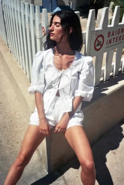 MaisonCléo Pantalons / Shorts>Bloomer en coton blanc avec dentelle volantée