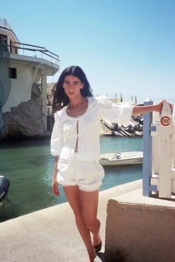 MaisonCléo Pantalons / Shorts>Bloomer en coton blanc avec dentelle volantée