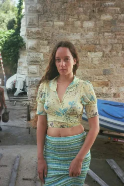 MaisonCléo Blouses|Tops>Blouse à fleurs ANITA en mousseline de soie verte et turquoise