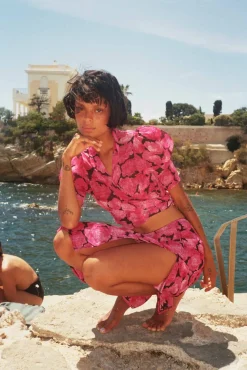 MaisonCléo Blouses|Tops>Blouse à fleurs roses fuchsia ANITA en soie