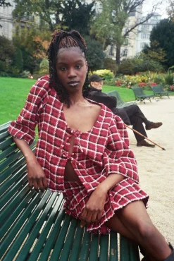 MaisonCléo Blouses>Blouse Agnes en tweed tartan rouge