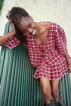 MaisonCléo Blouses>Blouse Agnes en tweed tartan rouge
