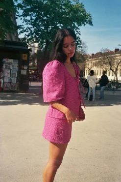 MaisonCléo Blouses>Blouse Agnès en tweed de coton rose fuschia