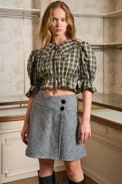 MaisonCléo Blouses>Blouse Angèle à carreaux vert kaki en coton