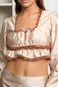 MaisonCléo Blouses>Blouse beige en soie et dentelle marron ANNABELLE