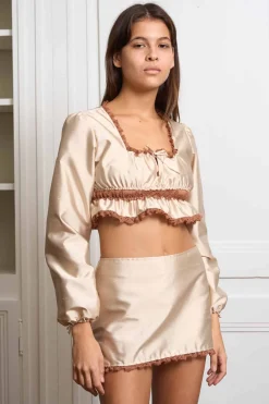 MaisonCléo Blouses>Blouse beige en soie et dentelle marron ANNABELLE