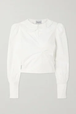 MaisonCléo Blouses>Blouse cache-coeur blanche en coton avec petit col rond Mylène