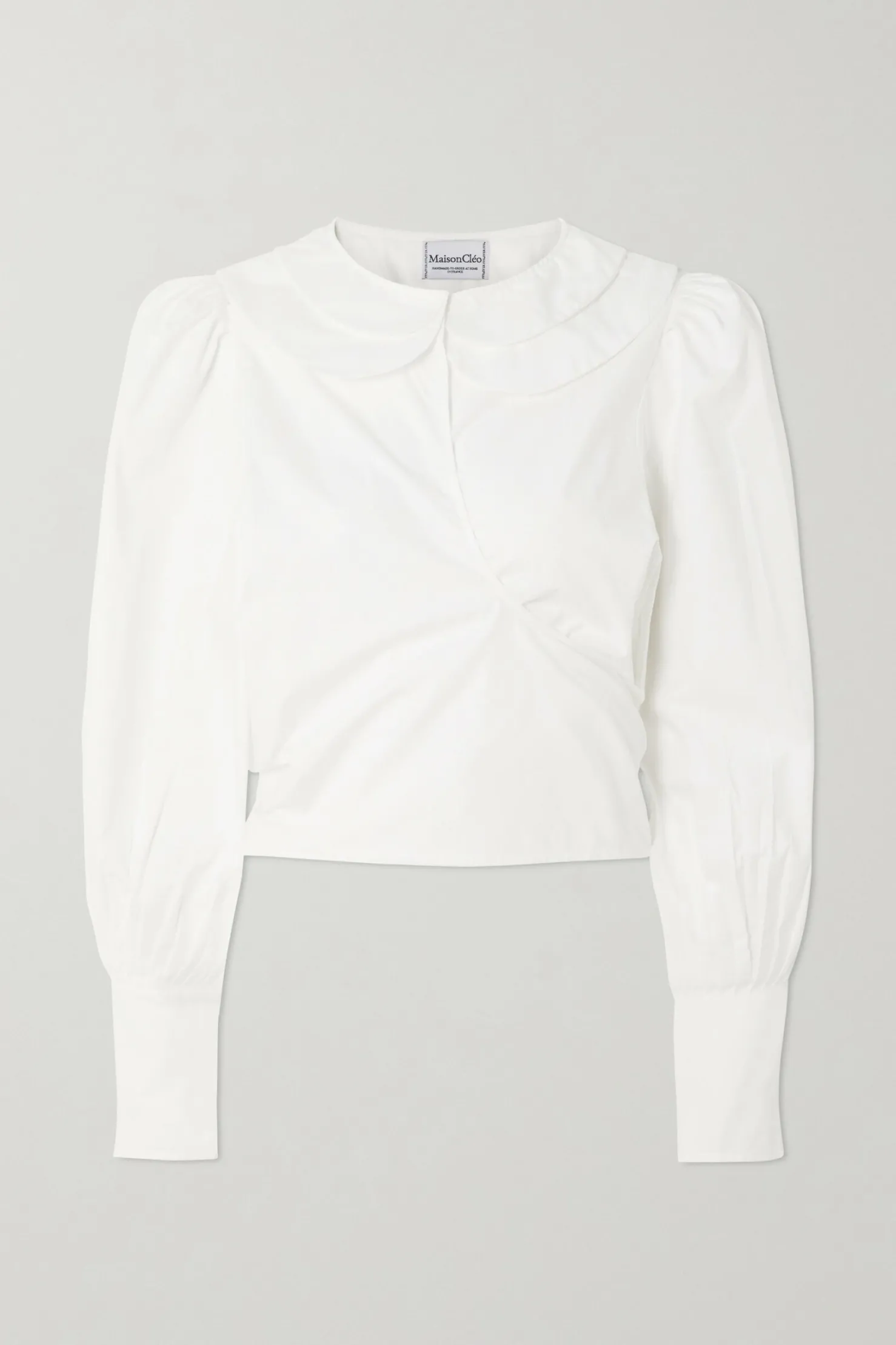 MaisonCléo Blouses>Blouse cache-coeur blanche en coton avec petit col rond Mylène