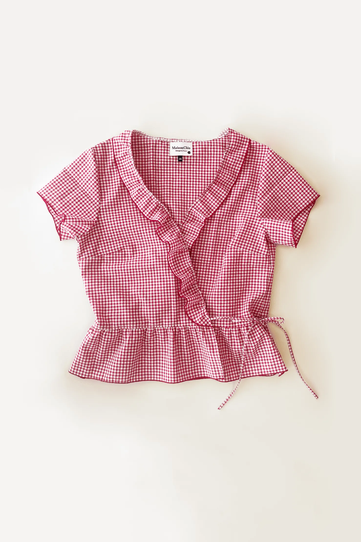 MaisonCléo Blouses>Blouse cache-coeur volantée en coton vichy rouge Gisèle