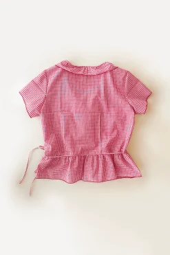 MaisonCléo Blouses>Blouse cache-coeur volantée en coton vichy rouge Gisèle