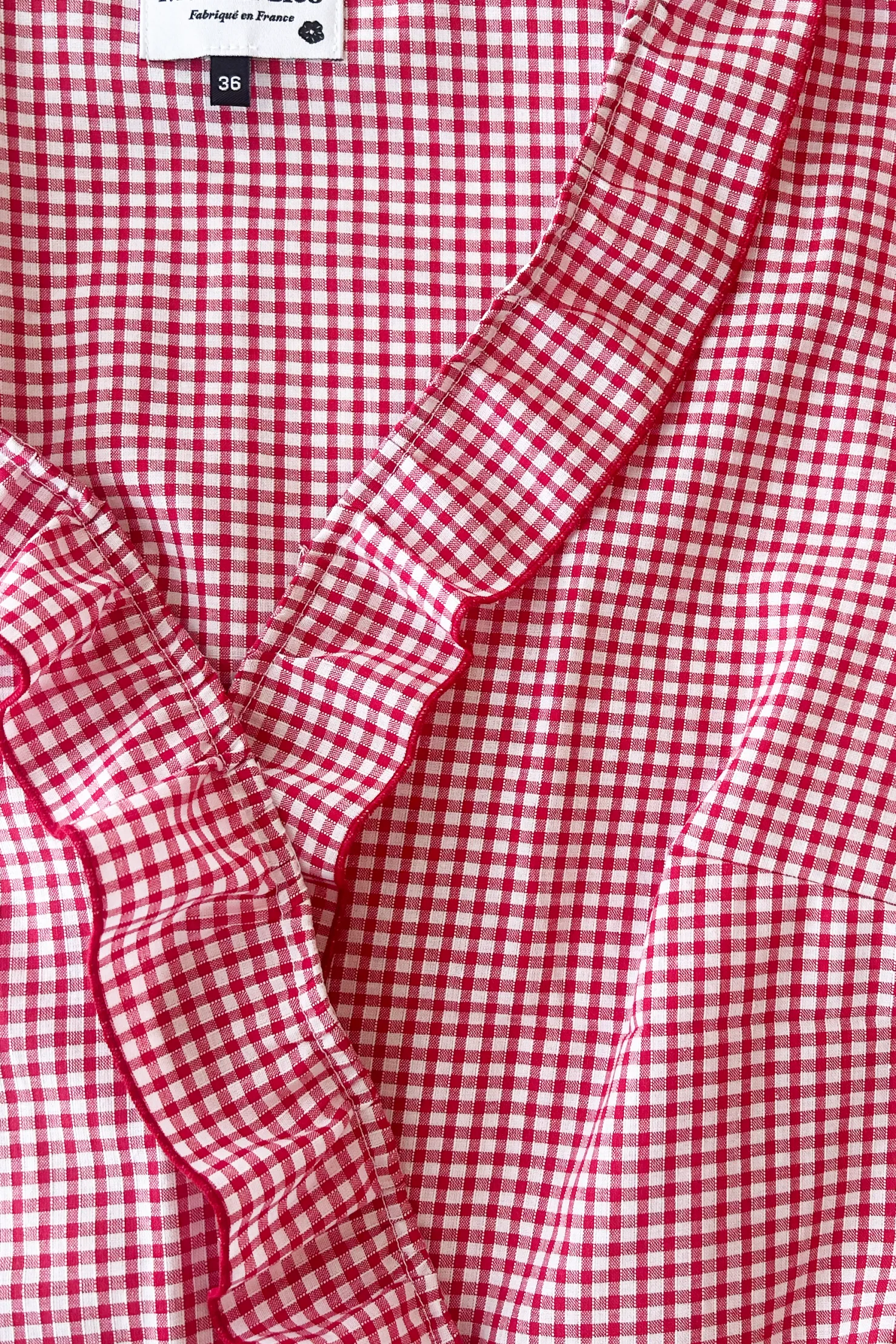 MaisonCléo Blouses>Blouse cache-coeur volantée en coton vichy rouge Gisèle