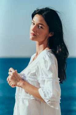 MaisonCléo Blouses>Blouse coton blanc dentelle froufrous AGNES
