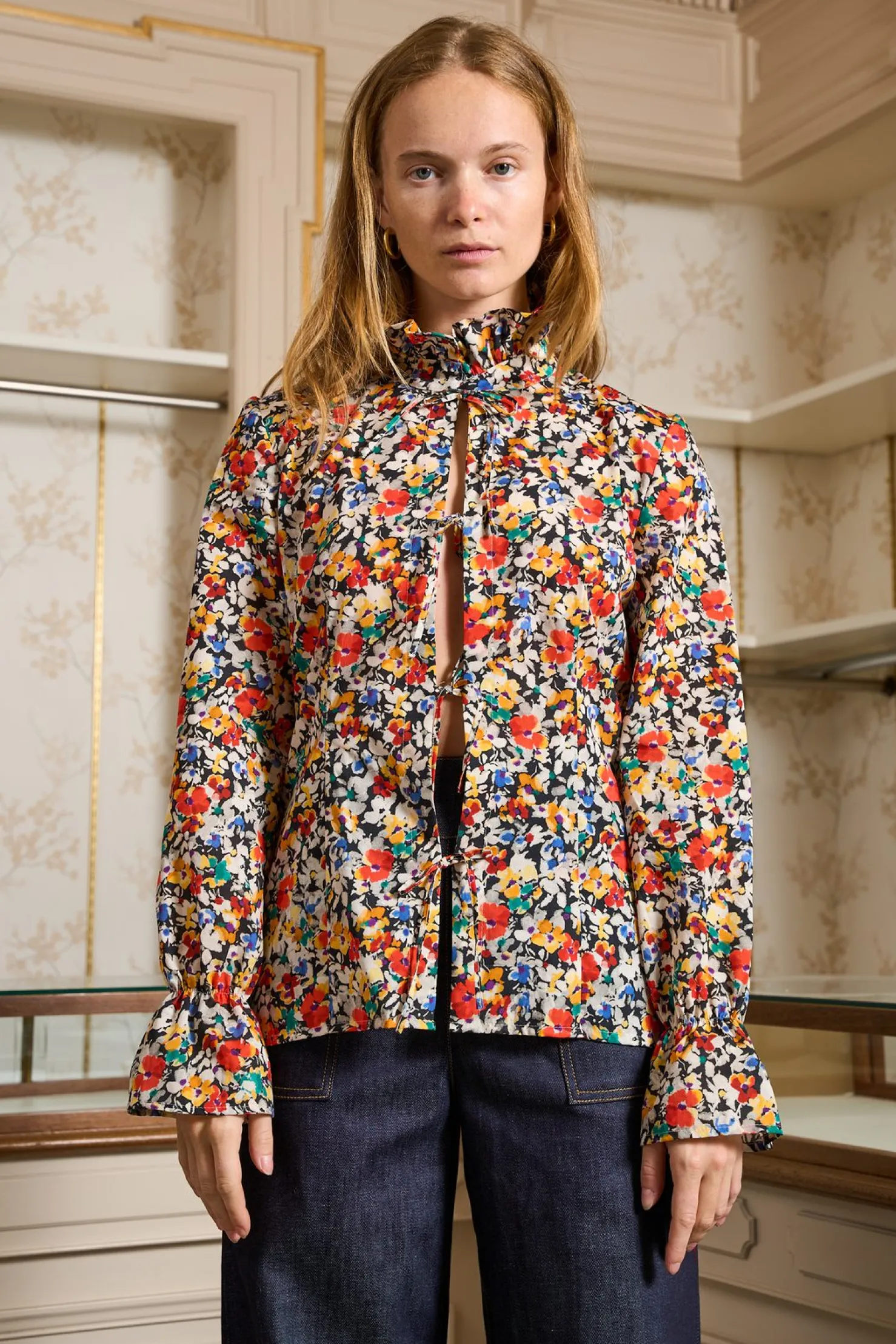 MaisonCléo Blouses|Tops>Blouse DARTA volantée en coton fleurs d’automne
