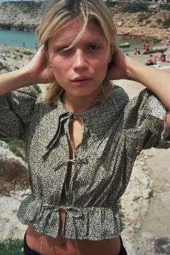 MaisonCléo Blouses>Blouse en coton léger marron et jaune ANGELE