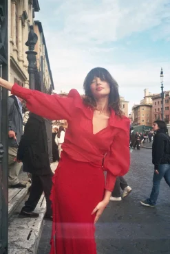 MaisonCléo Blouses|Tops>Blouse en organza de soie rouge texturée JULIE – Capsule « L&rsquo;AMOUR »