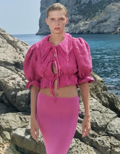 MaisonCléo Blouses>Blouse en tweed rose framboise ANGÈLE