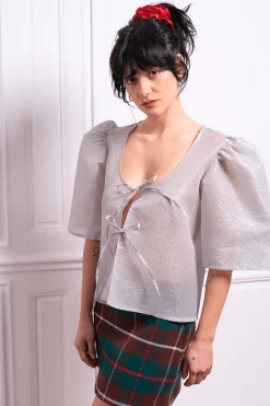 MaisonCléo Blouses>Blouse organza de soie texturé argentée brillante AGNES