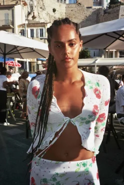 MaisonCléo Blouses|Tops>Blouse ouverte en mesh coquelicots & papillons avec manches volantées IMEN