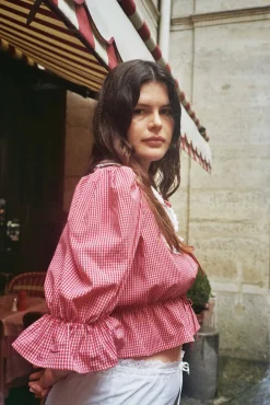 MaisonCléo Blouses>Blouse rouge à carreaux coton ANGELE avec col blanc brodé