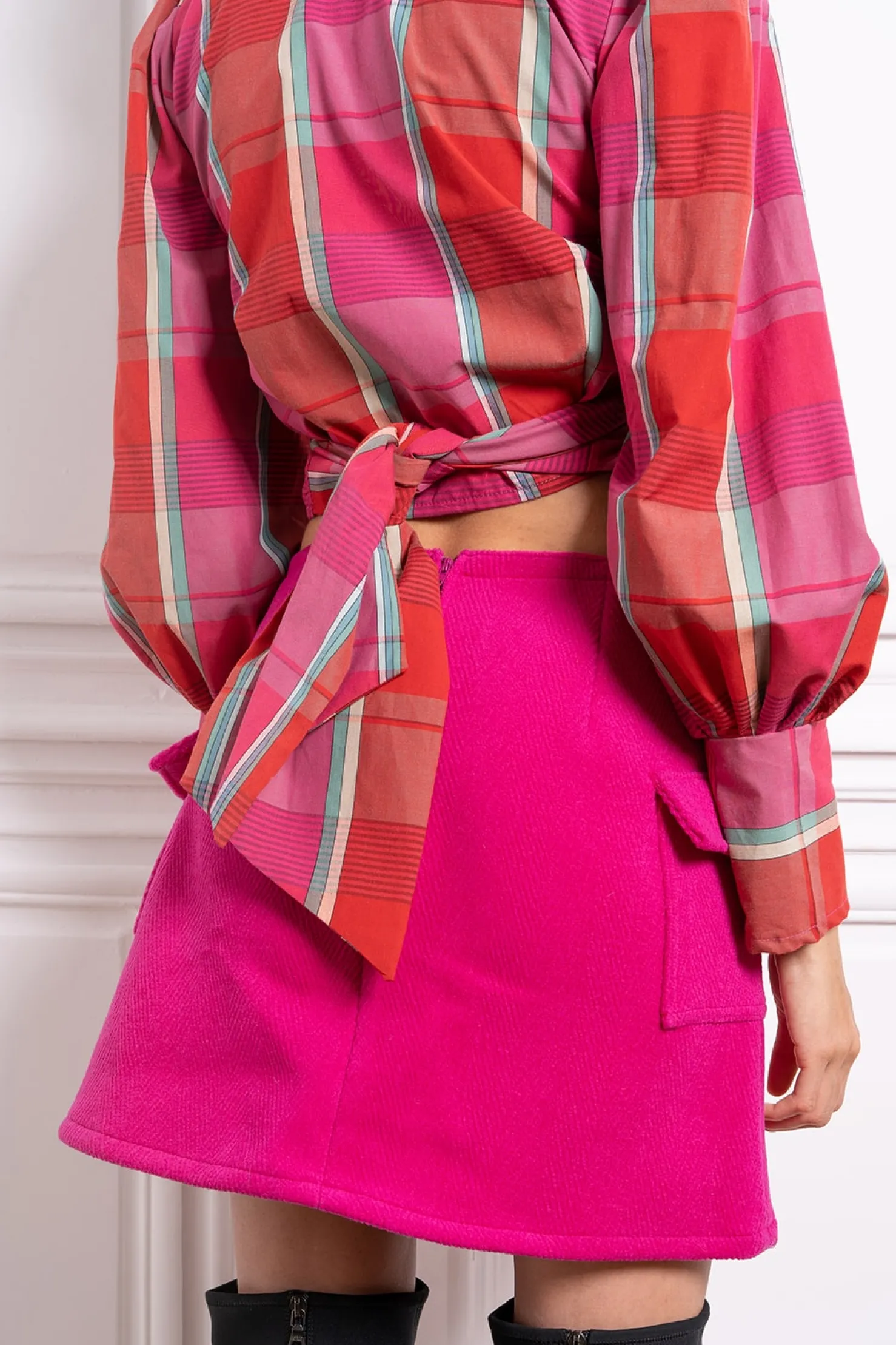 MaisonCléo Blouses>Blouse rouge à gros carreaux multi en coton JULIE