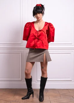 MaisonCléo Blouses>Blouse soie duchesse rouge profond AGNES