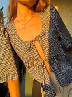 MaisonCléo Blouses>Blouse vichy bleu coton AGNES