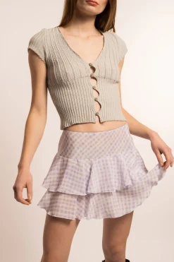 MaisonCléo Jupes>COUP DE FOUDRE défilé LOOK 16 – Mini jupe en soie vichy lilas à volants