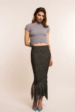 MaisonCléo Mailles|Jupes>COUP DE FOUDRE défilé LOOK 32 – Longue jupe sirène tricotée à sequins argentés