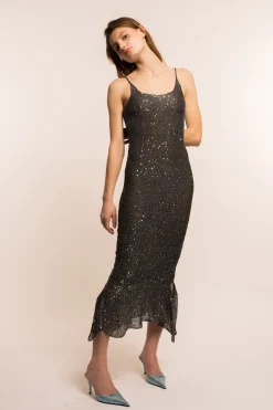 MaisonCléo Robes|Mailles>COUP DE FOUDRE défilé LOOK 33 – Longue robe sirène tricotée à sequins argentés