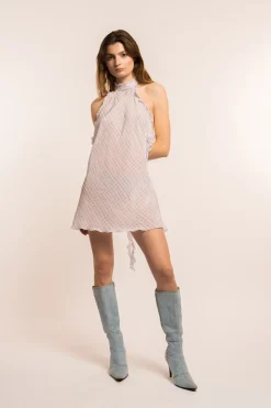 MaisonCléo Robes>COUP DE FOUDRE défilé LOOK 18 – Robe dos nu fluide volantée en soie vichy lilas