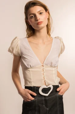 MaisonCléo Blouses|Tops>COUP DE FOUDRE défilé LOOK 30 – Blouse en soie écru brodé de fleurs