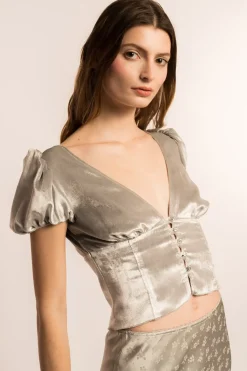 MaisonCléo Blouses|Tops>COUP DE FOUDRE défilé LOOK 17 – Blouse manches bouffantes en velours gris argenté