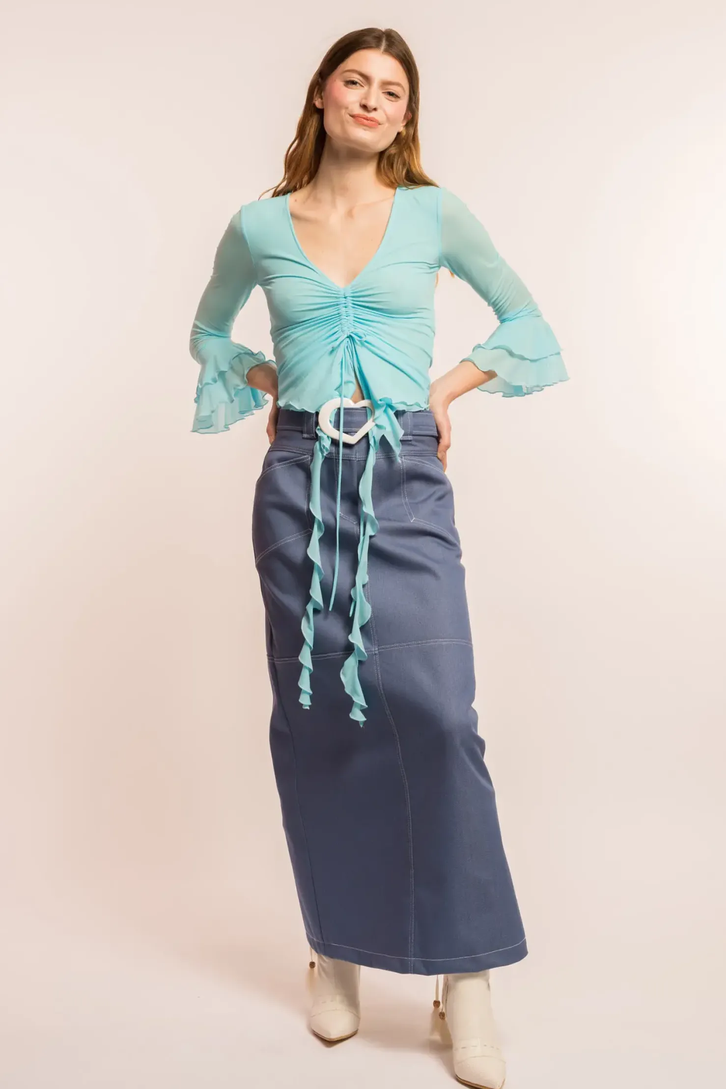 MaisonCléo Blouses|Tops>COUP DE FOUDRE défilé LOOK 3 – Top froncé en mesh à manches 3/4 volantées bleu turquoise