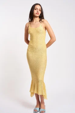 MaisonCléo Robes|Mailles>COUP DE FOUDRE II – Longue robe sirène tricotée à sequins dorés