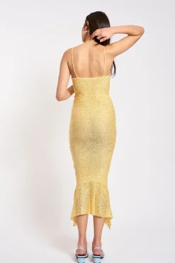 MaisonCléo Robes|Mailles>COUP DE FOUDRE II – Longue robe sirène tricotée à sequins dorés