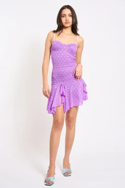 MaisonCléo Robes>COUP DE FOUDRE II – Robe à bretelles avec armature en dentelle violette brillante volantée