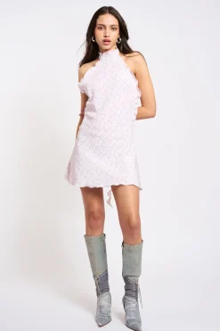 MaisonCléo Robes>COUP DE FOUDRE II – Robe dos nu fluide volantée en soie à motif cercles lilas