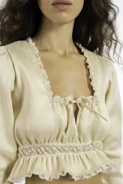 MaisonCléo Blouses|Tops>FW22 RUNWAY LOOK 2 – Blouse beige en soie et dentelle ANNABELLE