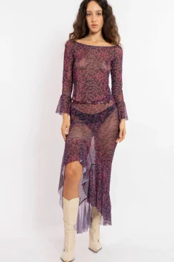 MaisonCléo Jupes>FW22 RUNWAY LOOK 10 – Jupe longue volantée motif fleurs bordeaux et violet en mesh LOUISA