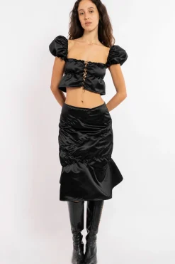 MaisonCléo Jupes>FW22 RUNWAY LOOK 12 – Jupe mi-longue froncée en soie noire CHACHA