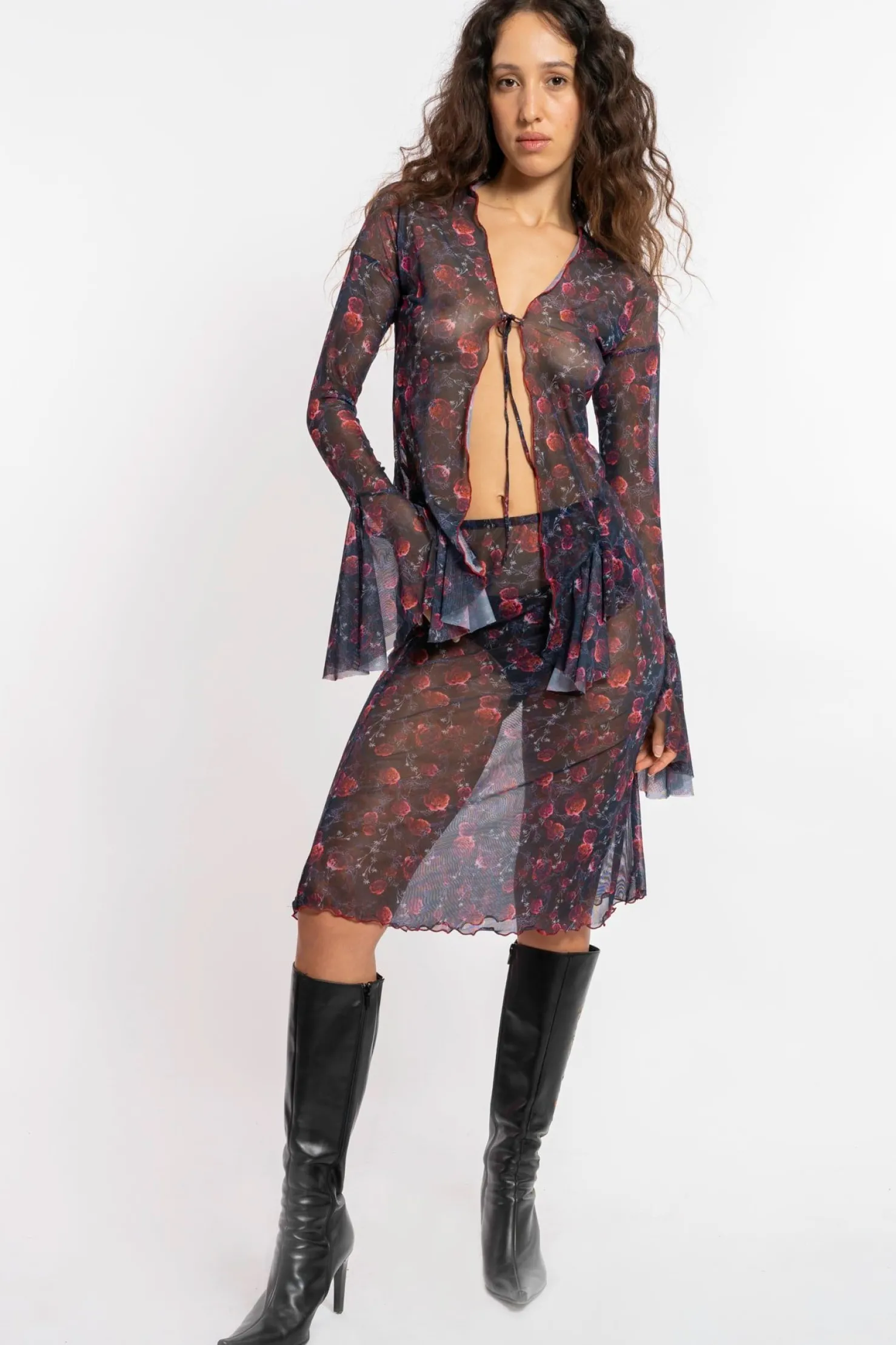 MaisonCléo Jupes>FW22 RUNWAY LOOK 21 – Jupe mi-longue en mesh fleuri KESALY
