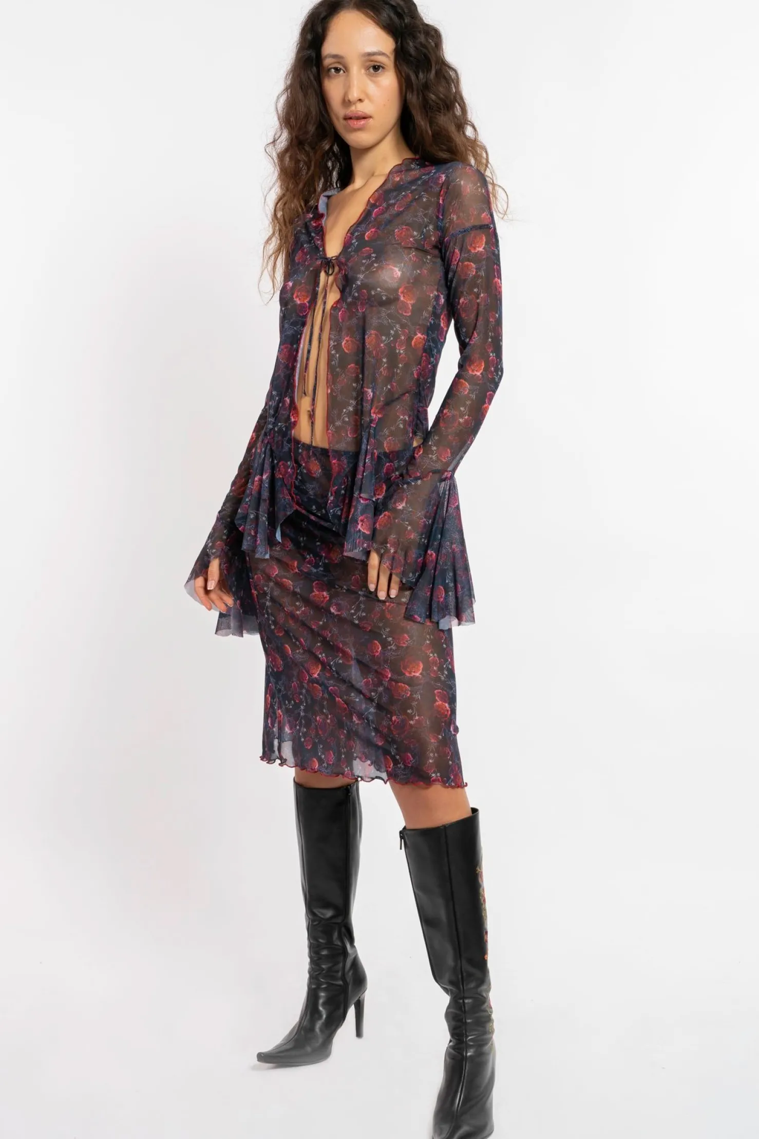 MaisonCléo Jupes>FW22 RUNWAY LOOK 21 – Jupe mi-longue en mesh fleuri KESALY