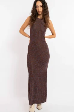 MaisonCléo Robes|Jupes>FW22 RUNWAY LOOK 5 – Robe tube marron sans manches à fleurs violettes en mesh CARLA