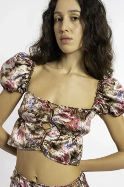MaisonCléo Blouses>FW22 RUNWAY LOOK 12 – Top bustier en soie fleurie à mini manches bouffantes et corsage CHARLOTTE