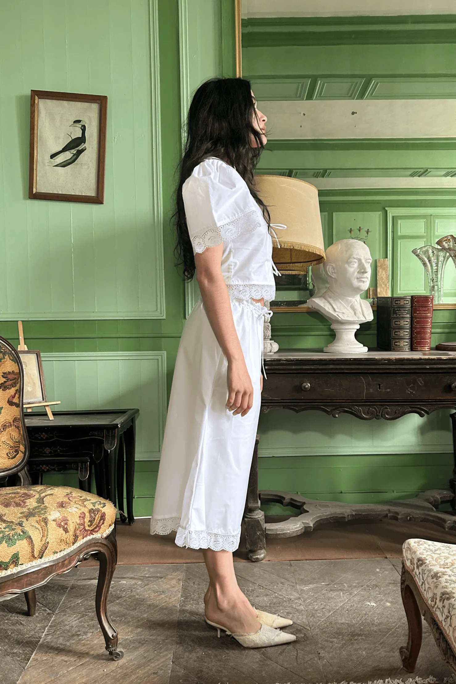 MaisonCléo Jupes>Jupe MARGARITA mi-longue évasée en coton blanc et broderie anglaise avec grosses fleurs
