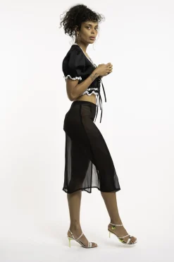 MaisonCléo Jupes>Jupe mi longue transparente noire en mousseline de soie MARTHE