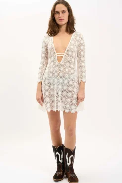 MaisonCléo Robes>LA BADOULE – Robe MIMOSA en crochet blanc à fleurs évasée
