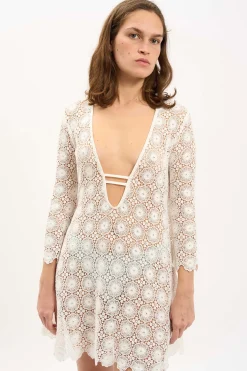 MaisonCléo Robes>LA BADOULE – Robe MIMOSA en crochet blanc à fleurs évasée