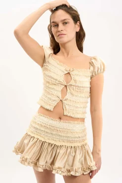 MaisonCléo Blouses|Tops>LA BADOULE – Top ELLA en soie sauvage beige et dentelle crème