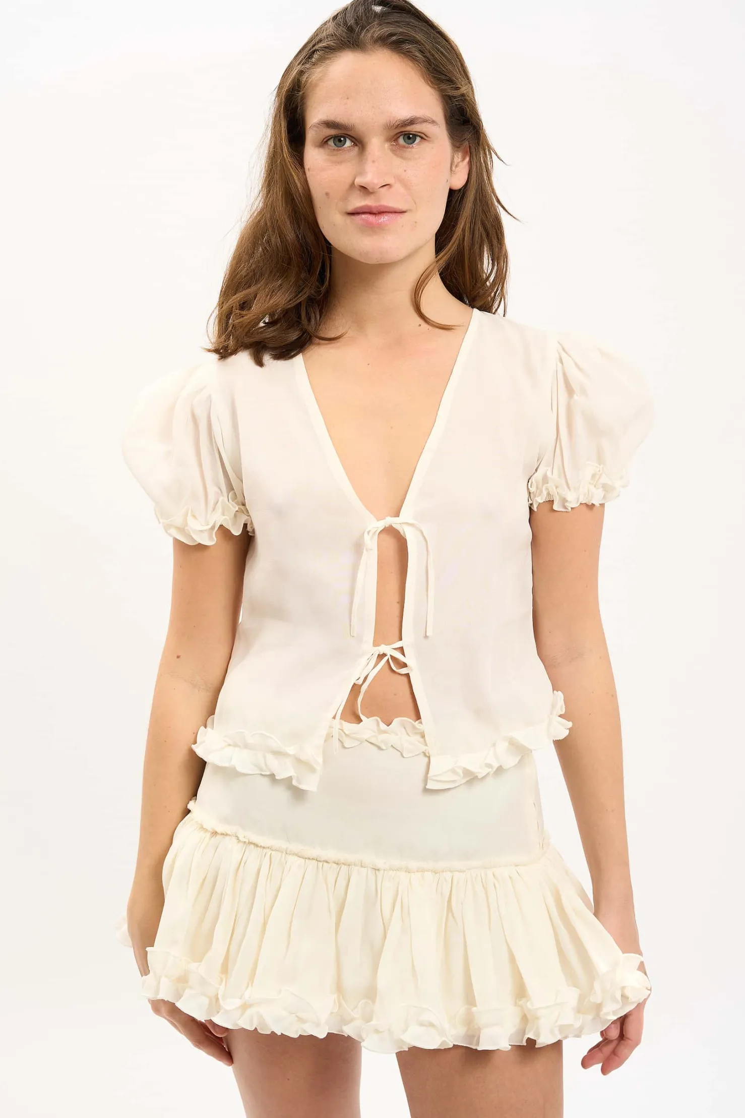 MaisonCléo Blouses|Tops>LA BADOULE LOOK 5 – Blouse ARIANE en organza de soie blanc cassé volantée